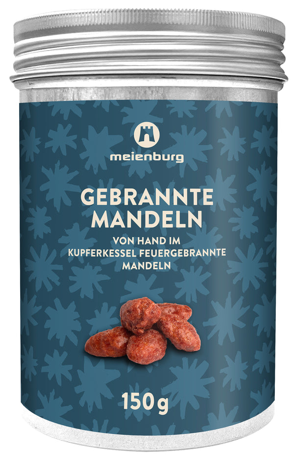 Dose mit gebrannten Mandeln, meienburg, 150 g, mit Mandeln auf dem Etikett