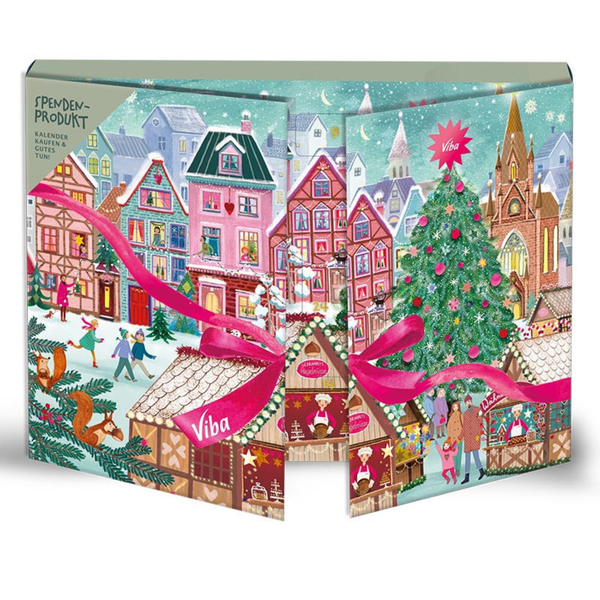 Aufgestellter Viba Nougat-Adventskalender mit Weihnachtsmarkt-Motiv und Tannenbaum