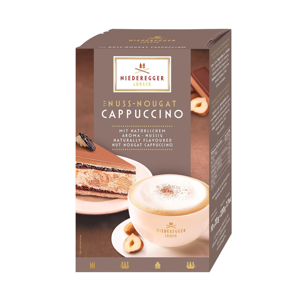 NIEDEREGGER Nuss-Nougat Cappuccino Packung (220 g) im braunen Karton, Vorderseite