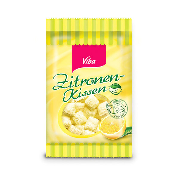 Viba Zitronen-Kissen, 90 g, gelb gestreifte Verpackung mit Zitronenmotiv