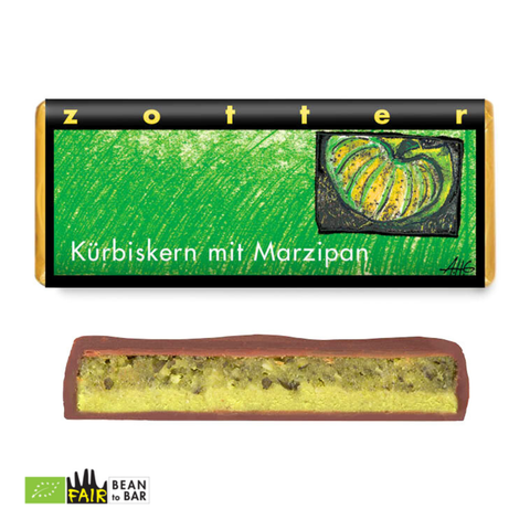 Zotter Schokolade handgeschöpft Kürbiskern mit Marzipan, alkoholhaltig, 70 g