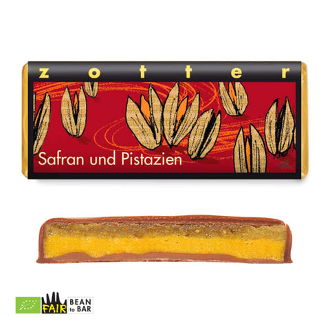Zotter | Handgeschöpfte Schokolade Safran und Pistazien, alkoholhaltig, 70 g