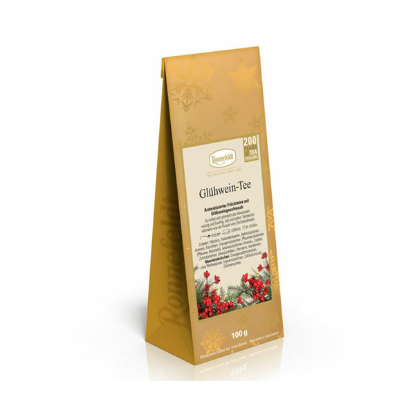 Ronnefeldt Glühwein-Tee Packung, goldbraunes Beutelgehäuse mit 100-g Angaben