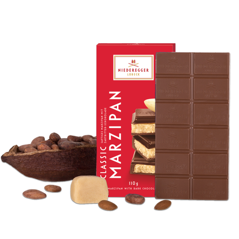 Niederegger Marzipan-Zartbitter Schokoladentafel (110 g) mit Marzipanstücken und Kakaobohnen