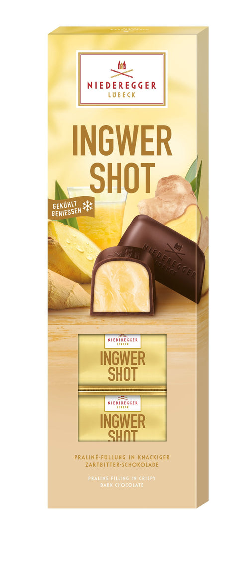 Niederegger Ingwer Shot Pralinenpackung mit Schokoriegeln und Ingwermotiv, 100 g
