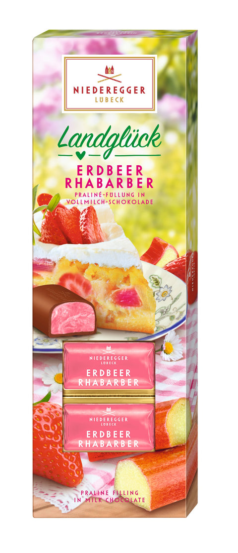 Niederegger Landglück Erdbeer-Rhabarber 100 g: bedruckte Pralinen-Packung mit Früchten