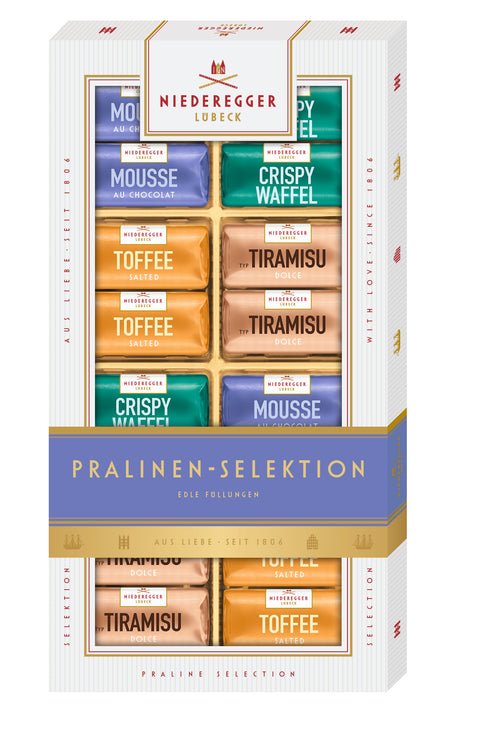 Pralinen-Selektion 200 g Geschenkpackung mit sechs Sorten in farbigen Fächern