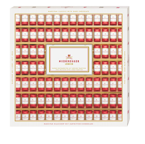 Niederegger Marzipan-Klassiker Geschenkbox mit vielen roten Blechdosen
