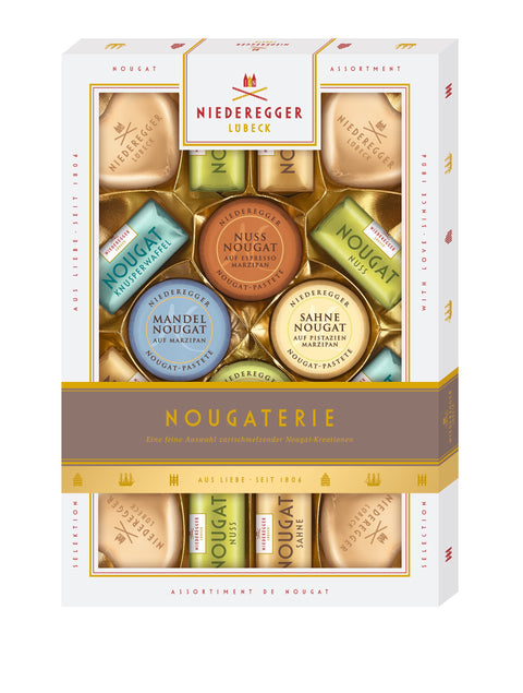 Nougaterie-Pralinen (206 g) in Geschenkbox mit verschiedenen Nougatstücken