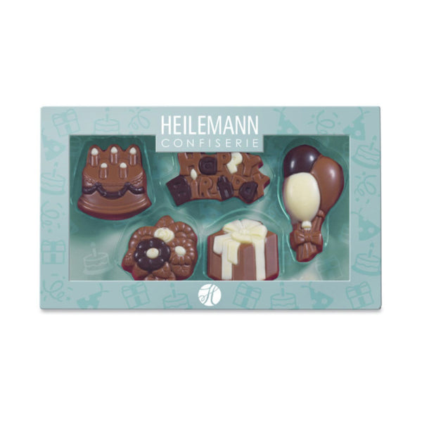 Heilemann Confiserie blaugrüne Geschenkbox mit Schokoladenmotiven