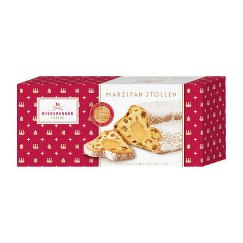 Niederegger Marzipan-Stollen im roten Geschenkpack, mit Stollen-Ansicht