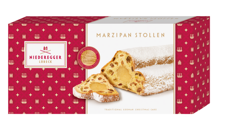 Niederegger Marzipanstollen 1.000 g: Stollen in Geschenkpackung, mit Puderzucker.