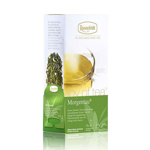 Ronnefeldt Joy of Tea Morgentau® Tee-Packung, grüne Box mit Tasse und Teeblättern