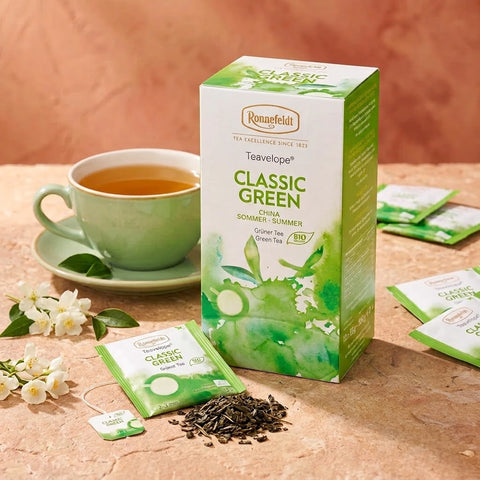 Ronnefeldt Teavelope Classic Green Bio-Grüntee in grüner Packung mit Teebeuteln und Tasse