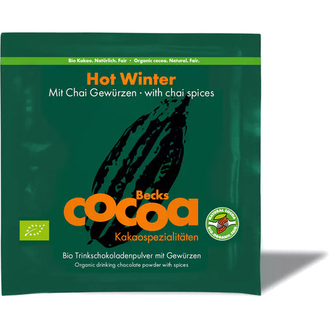 Becks Cocoa BIO Trinkschokolade Portionsbeutel „Hot Winter“ (Chai-Gewürze), grünes Beutelchen