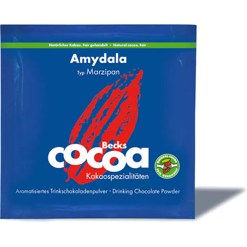 Becks Cocoa BIO Trinkschokolade Portionsbeutel „Amydala“ (Marzipan), blaues Beutelchen
