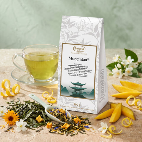 Ronnefeldt Morgentau grüner Mango-Zitrus Tee, 100 g Packung mit Tasse