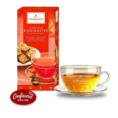 Niederegger Rooibos-Tee mit Marzipan, Packung und Tasse