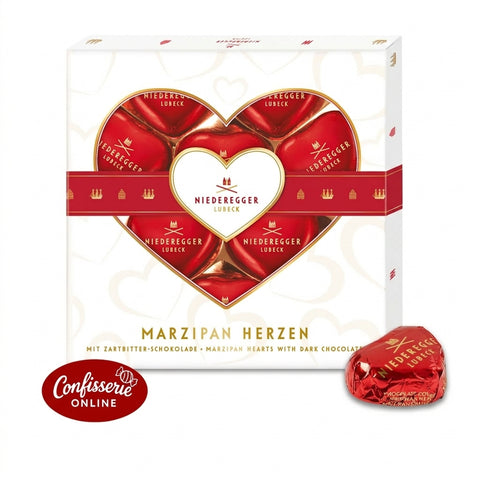 Niederegger Marzipan-Herzen 125 g in Geschenkbox mit Herzmotiv und Folienherz