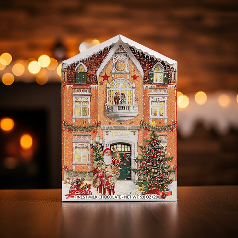 Adventskalender von Heilemann mit Dach, Vorderseite mit Krippe, Zahlen und Tannenbaum