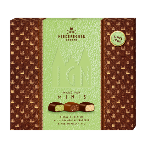 Niederegger Marzipan Minis Geschenkpackung mit drei Mini-Pralinen auf grünem Karton