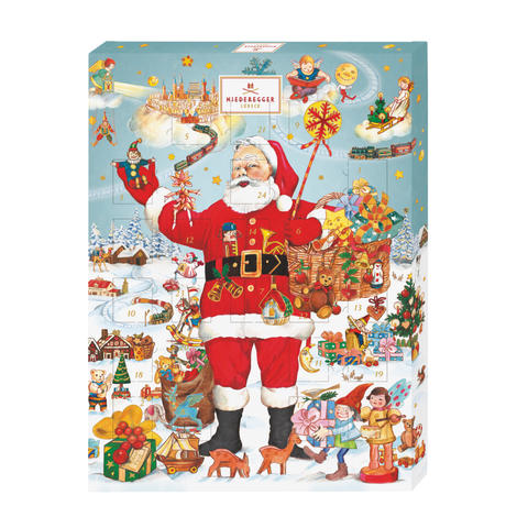 Niederegger Adventskalender mit großem Weihnachtsmann in rotem Kostüm und vielen kleinen Motiven