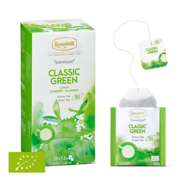 Ronnefeldt Teavelope® Classic Green Bio-Grüntee: Teekartonschachtel und Teebeutel