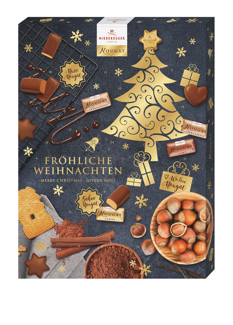 Adventskalender Nougat mit weihnachtlichem Design, Schokoladenstangen und Pralinen-Symbolen