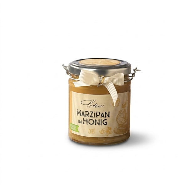 Glas mit Marzipan in Honig, 250 g, mit Schleifenband und Etikett