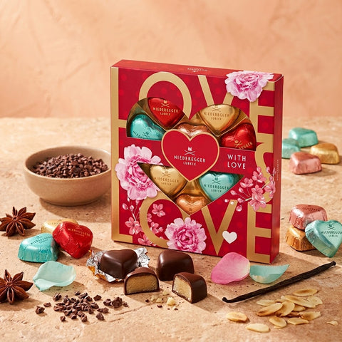 Niederegger Herzen With Love 125g Geschenkbox mit Herzschokoladen, rot und goldfarben