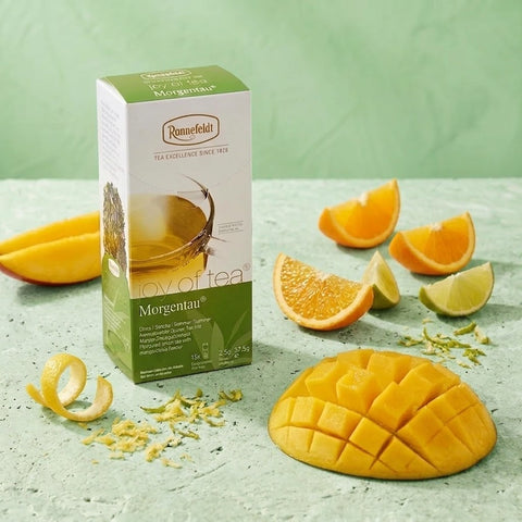 Ronnefeldt Joy of Tea Morgentau Tee-Packung mit Mango- und Orangenstücken