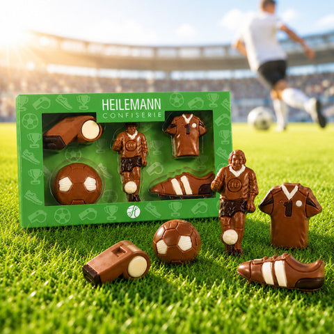 Schokoladen-Fußballfiguren im grünen Heilemann Blister: Spieler, Shirt, Stiefel, Ball