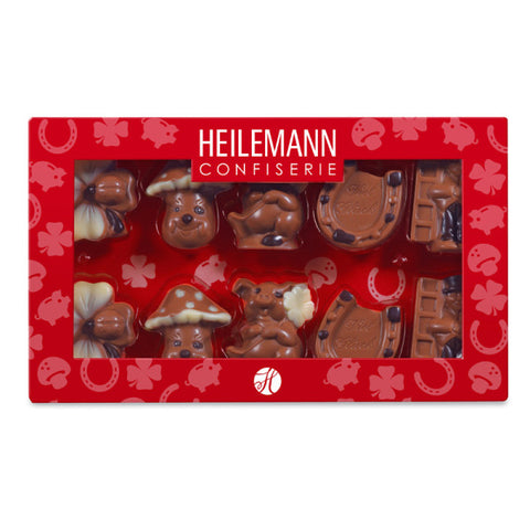 Schokofiguren-Mix „Viel Glück“ in roter Heilemann Confiserie Geschenkbox, 100 g