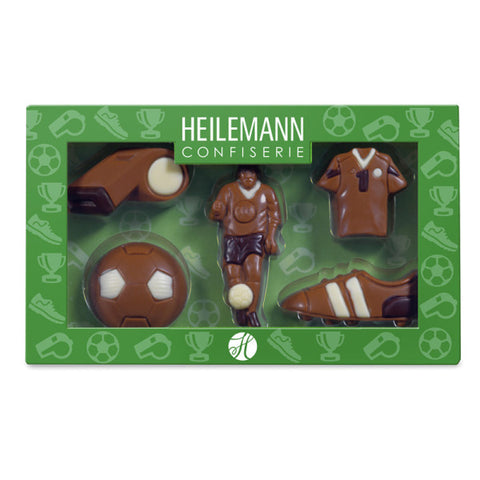 Heilemann Konfiserie Schokoladen-Fußballset im Blister: Ball, Spieler, Trikot, Stiefel
