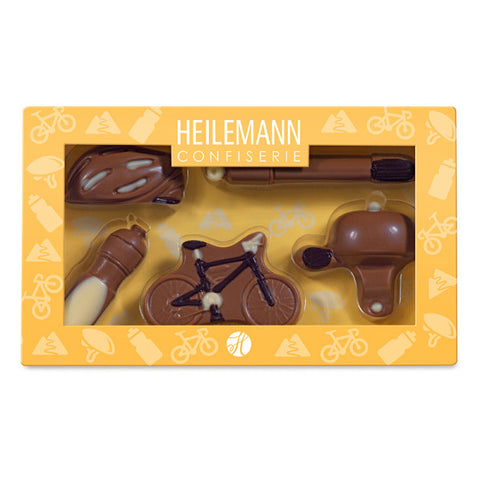 Heilemann Schokoladenfigur-Fahrrad in Verpackung, drei Pralinenstücke, 100 g