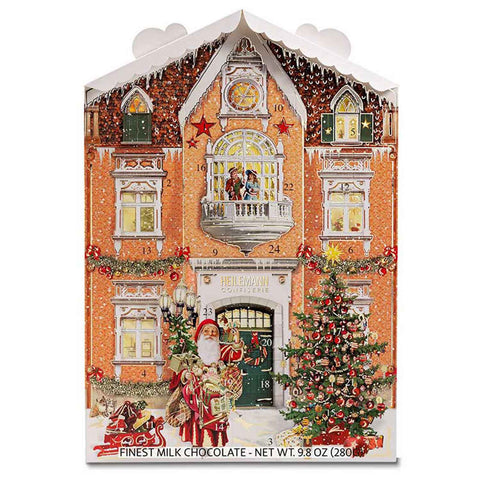 Adventskalender von Heilemann mit Dach, Vorderseite mit Zahlenfenstern und Weihnachtsbaum