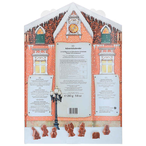Adventskalender von Heilemann mit Dach, Rückseite mit Schokoladenfächern und Angaben