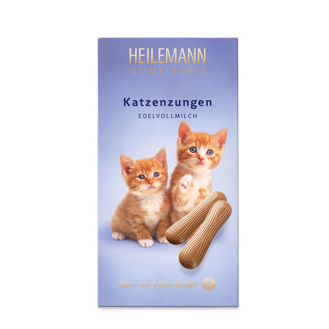 Katzenzungen-Schokolade in Vollmilch, Packung mit Katzenmotiv