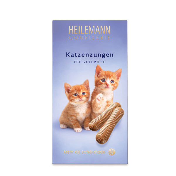 Katzenzungen-Schokolade in Vollmilch, Packung mit Katzenmotiv