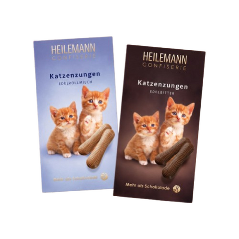 Zwei Packungen Katzenzungen-Schokolade: Vollmilch und Zartbitter, Katzenmotiv