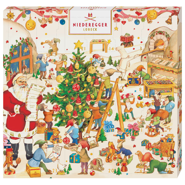 Adventskalender mit bunter Wichtelwerkstatt-Grafik auf Karton, 24 Türchen