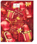 Adventskalender Glamour mit rotem Design, goldenen Glöckchen und Schneeflocken
