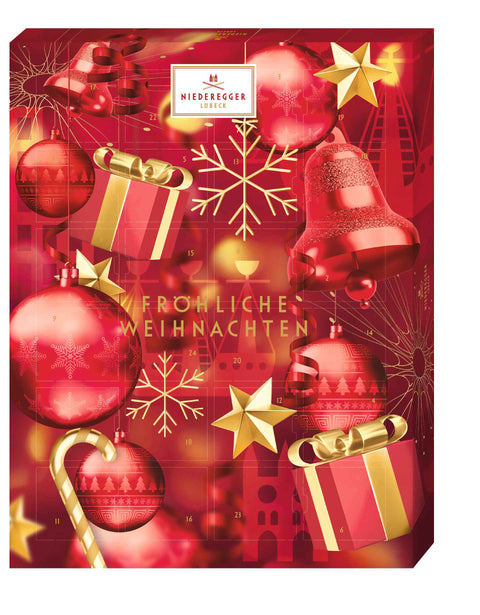 Adventskalender Glamour mit rotem Design, goldenen Glöckchen und Schneeflocken