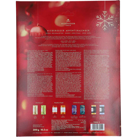 Adventskalender Glamour Rückseite mit Inhaltsangaben und Sortenübersicht in Rot