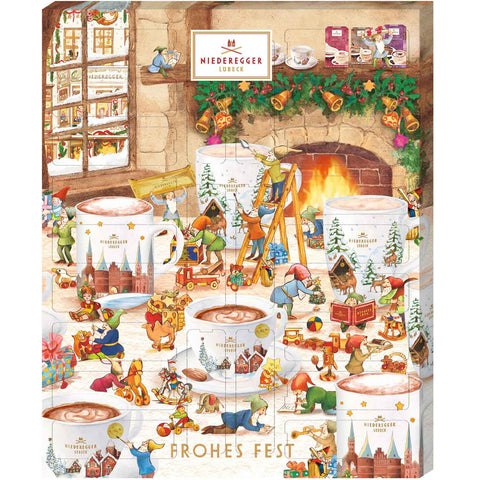 Adventskalender „Heißgetränke“ mit Motiv: Tassen, Kamin und Weihnachtsfiguren