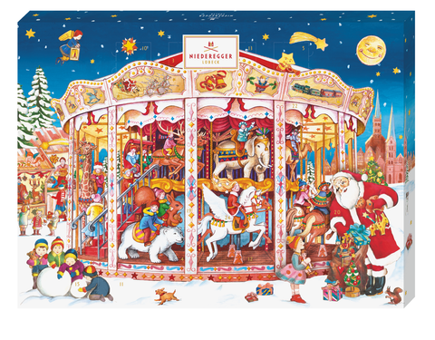 Adventskalender „Karussell“ 500 g: Karussellmotiv mit Nikolaus und Spielzeugfiguren
