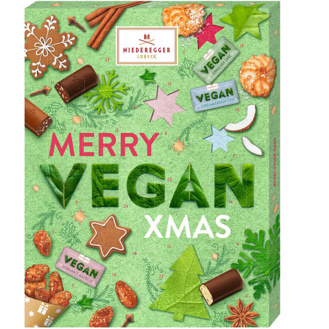 Vegane Adventskalenderbox, grün mit Sternen, Plätzchen und Schokolade-Design
