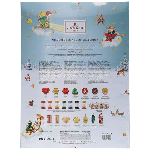 Niederegger Adventskalender mit Weihnachtsmann-Motiv, Rückansicht mit Produktinfos und Türchen